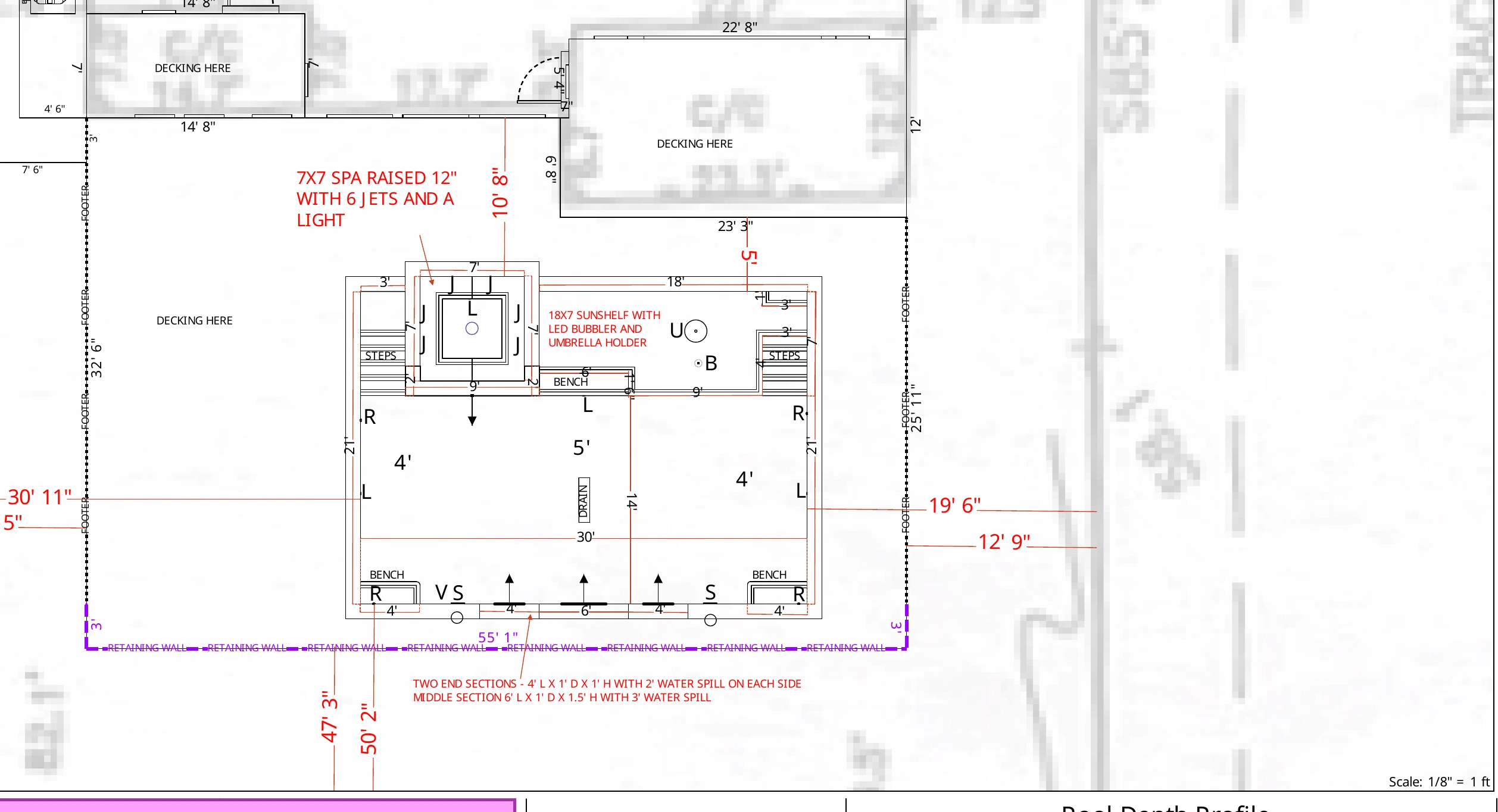 Marsh Trail plan showing the 567 square foot pool, raised spa and 18 by 7 foot sunshelf