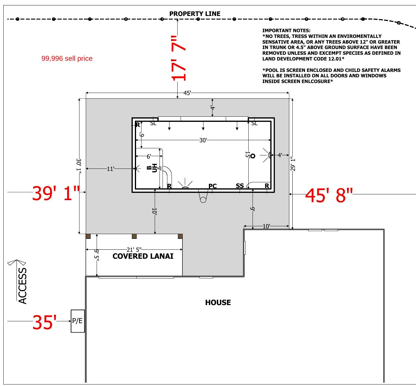 Carrollwood Village Drive plan showing the pool, raised deck and screen-enclosed site layout