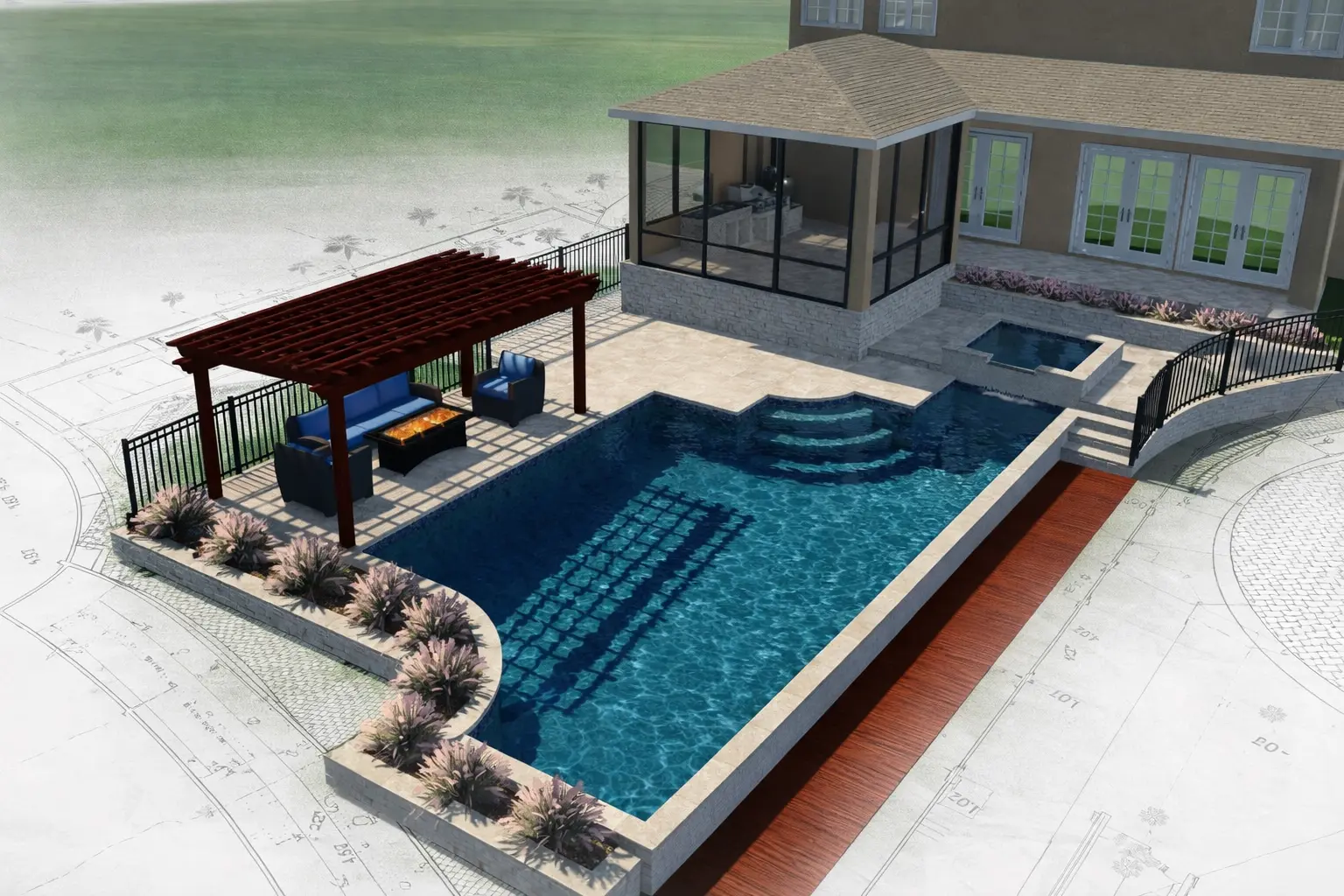 3D pool design rendering overlaid on architectural site plan showing integrated planning
