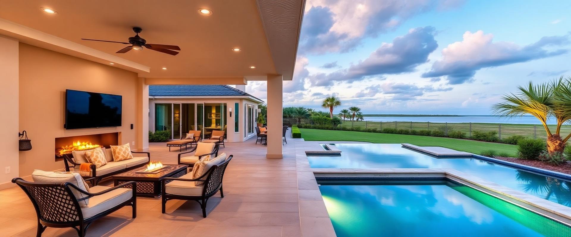 Completed luxury pool and outdoor living area at a custom home in Tampa Bay