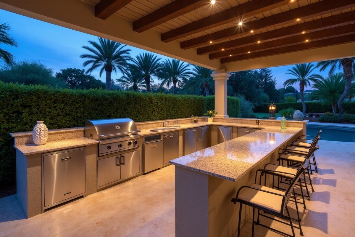 Luxury outdoor kitchen with BBQ island and covered bar in Clearwater